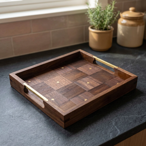 Plateau de service rectangulaire en bois d'acacia fait main, écologique, avec incrustation dorée, design minimaliste, pour table à manger, décoration de la maison pour Ramadan et l'Aïd, unique - Product Image 1
