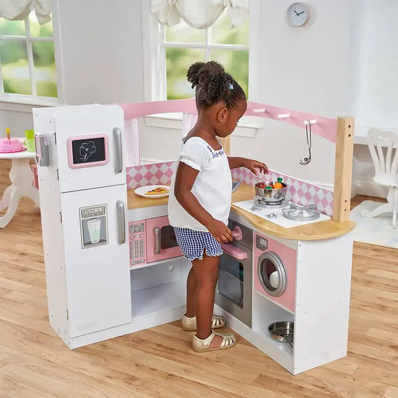 Juego de cocina de madera de imitación para niños, máquina de hielo operada por batería y microondas con sonido realista, juguete de Cocina 3 en 1