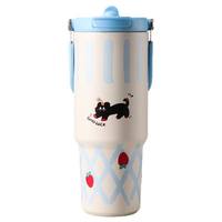 Vaso Térmico de Acero Inoxidable con Diseño de Dibujos Animados, Antiderrames, Gran Capacidad de 900 ml, Asa Portátil, Pajita Metálica, para Viajes