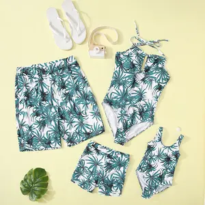 Printing leaves bathing suits family parent-child matching 4 piece family swimsuits for kids girls children