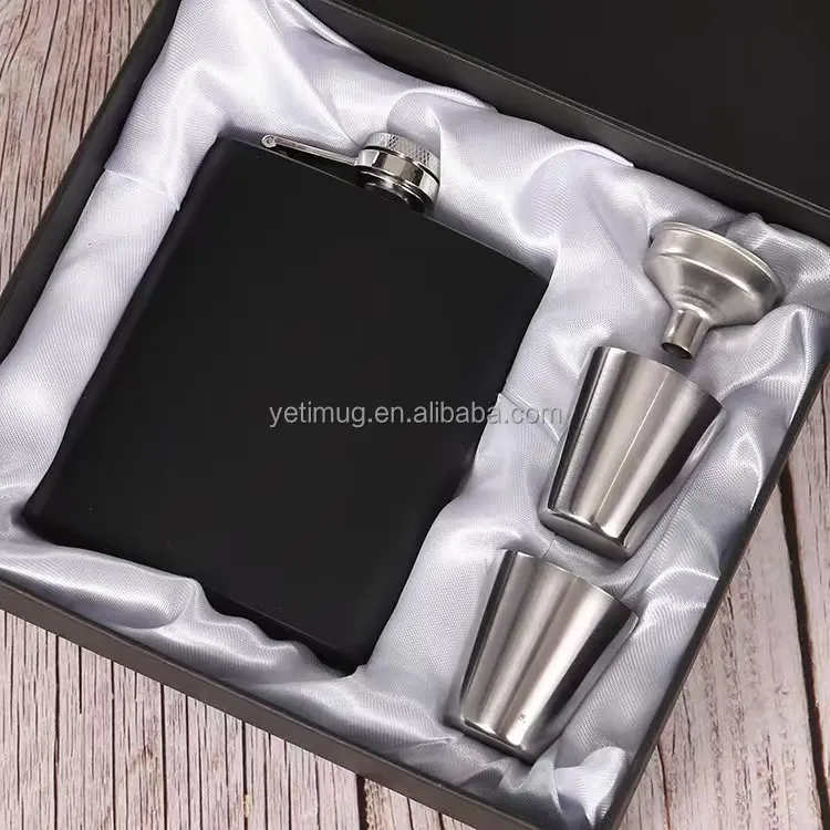 Termos baja tahan karat harga grosir Flask hitam Matte Whiskey Set hadiah 8 oz kulit sublimasi labu bulat untuk minuman keras