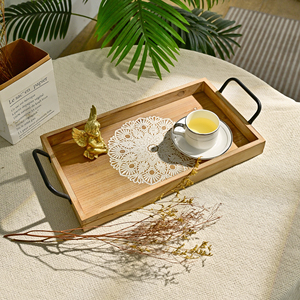 HOME Living Room Rustic Rectangle Wood Flower Carved <b>Tray</b> with Metal Handle - Product Image 5