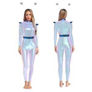Costume Alien Femme, Combinaison Métallique Liquide, Manches Holo Brillantes, Bandeau Antenne, Tenue Futuriste pour Rave et Spectacles Scéniques, Personnalisable - Product Image 3