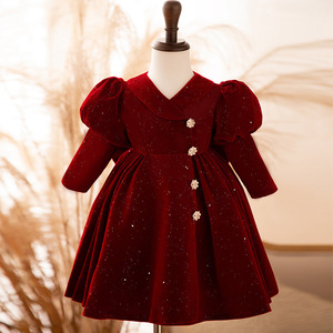 Vestido de Princesa para Niña, Color Vino Tinto, Manga Larga, Terciopelo, para Cumpleaños, Año Nuevo, Semana del Tesoro de la <span class=keywords><strong>Mujer</strong></span>, Vestido de Año Nuevo - Product Image 5