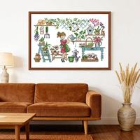 Kit de point de croix DIY estampé Scène de jardinage charmante avec plantes et outils pour adultes débutants, cadeau artistique, décoration, broderie au point de croix