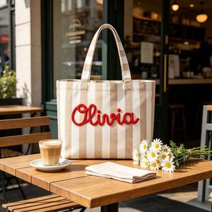 Bolsa de Mano Casual a Rayas Cuadradas, Bordado con Nombre Personalizado, Bolsa de Lona Grande para la Playa, Regalo para Maestras - Product Image 5