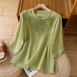 Chinese Style Embroidered Loose Top Women 2025 Summer T-Shirt With Knot Buttons Apricot Green Blue - Product Image 2