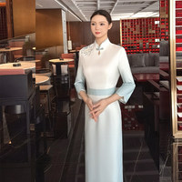 Robe Qipao bleu clair, robe Cheongsam, robe de carrière pour femmes, Qipao moderne, robes pour femmes, tenue de bureau pour femmes