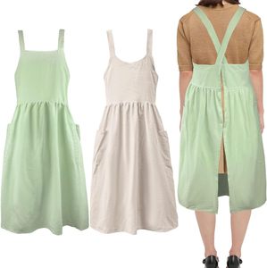 Delantal de lino y algodón con espalda cruzada para mujer, delantal de trabajo con bolsillos, vestido de delantal con cuello Halter cruzado para hornear, Chef, jardinería - Product Image 1