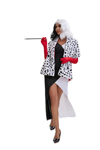 Costume de Voleuse Noir et Blanc pour <span class=keywords><strong>Femme</strong></span> avec Cape en Fausse Fourrure Tachetée et Gants Rouges – Tenue de Spectacle Scénique en Gros - Product Image 5