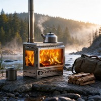 Poêle de camping extérieur à verre treillis trois faces pour observation du feu, avec cheminée en acier inoxydable