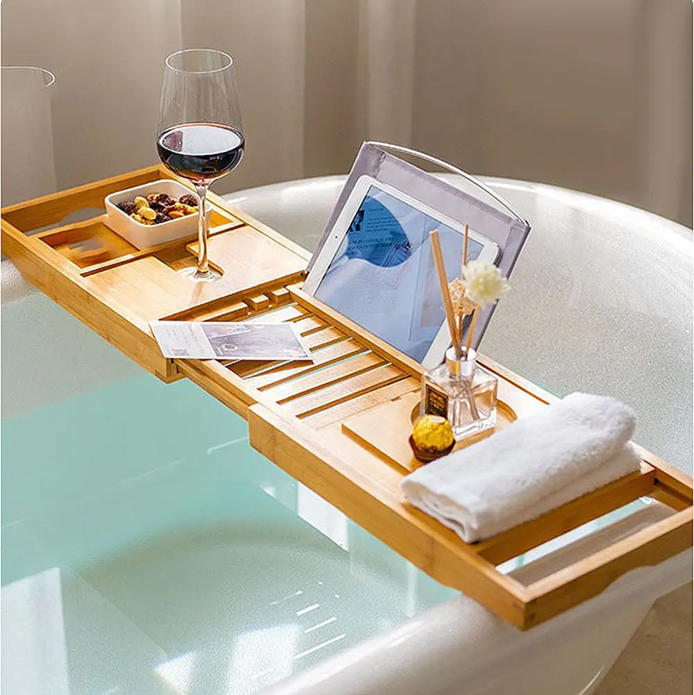 Hotel Sale Expandable Bamboo Bathtub Trays Bath Caddy Tray with Free Soap Dish Bath Tub Table Caddy for Luxury Bath