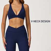 Ensemble de yoga 2 pièces pour femmes, soutien-gorge de sport à col en V profond, leggings à taille haute croisée avec poches, tenue de sport pour la salle de sport