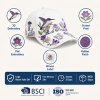 Casquette de baseball blanche en sergé de coton à six panneaux, broderie florale colibri, réglable 56-62cm, logo personnalisé, vente en gros, OEM, faible MOQ