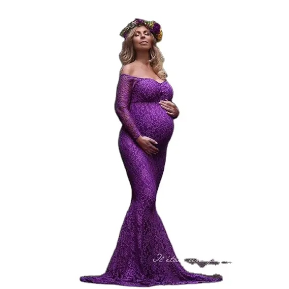 Fotoğraf için hamile elbisesi kapalı omuz uzun kollu şifon elbisesi bölünmüş ön Maxi gebelik elbiseler Photoshoot için