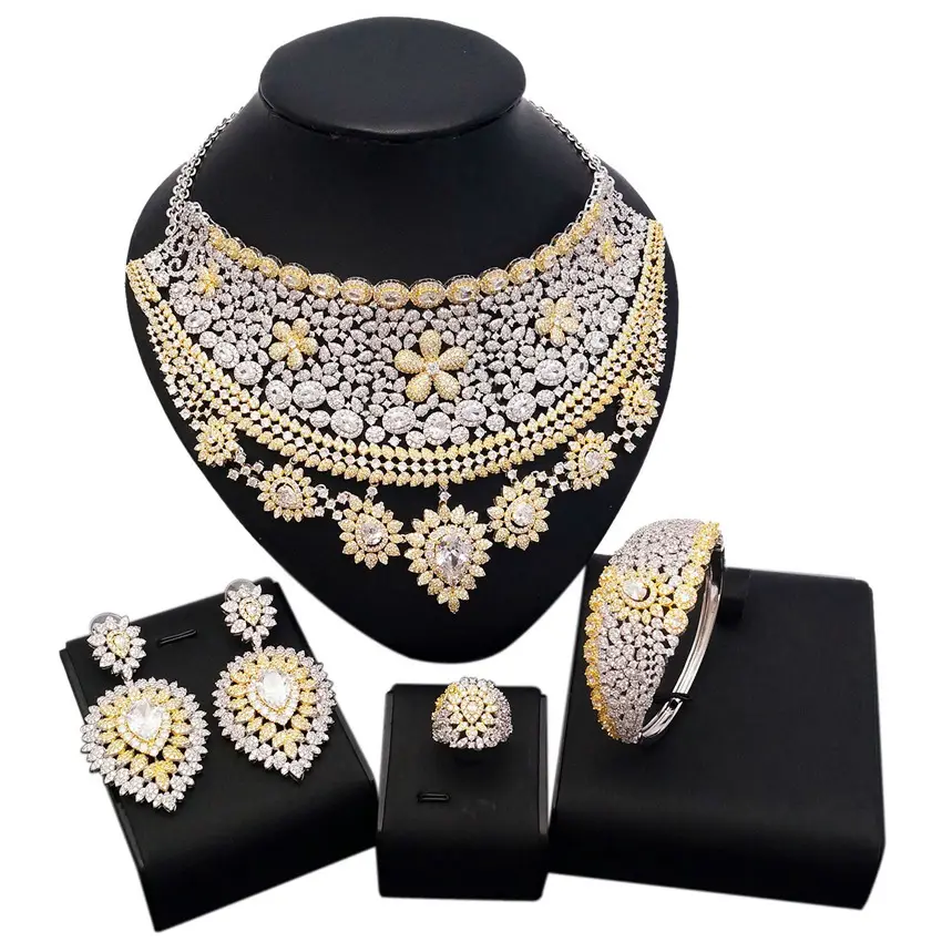 Yulaili Mewah Unik Afrika Bangle Ring Set Perhiasan Set untuk Wanita Pernikahan Cubic Zircon Kristal CZ Dubai Bridal Perhiasan Set