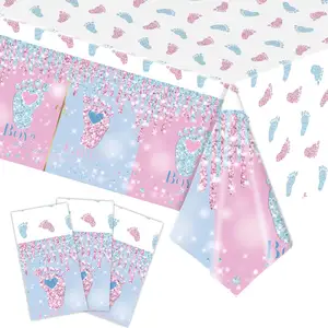 54*108 Inch Roze Blauw Oh Baby Shower Voetafdrukken Olifant Jongen Of Meisje Geslacht Onthullen Decoratie Pe Tafelkleed Tafelkleed