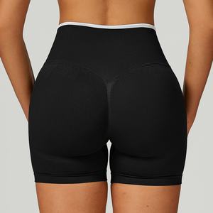 Short de yoga européen américain taille haute short de sport transfrontalier sans couture course à pied short de fitness ourlet de couleur contrastante - Product Image 1