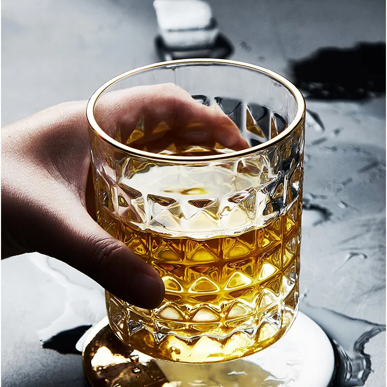 300ml 350ml vinho de cristal de luxo vidro uísque com borda dourada copo de vidro acolchoado para beber licor