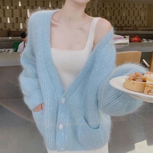 2022 Mới Nhất Mới Đến Thời Trang Phụ Nữ Dài Tay Áo Mở Phía Trước V Cổ Nút Lớn Cô Gái Áo Len Áo - Product Image 3