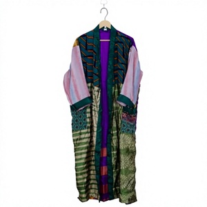 Vintage Patchwork Kimono <b>Robe</b> Women Full Sleeve Long Satin Silk Screen Printed V-neck Drawstring Closure Quick Dry 100% Silk - Product Image 1