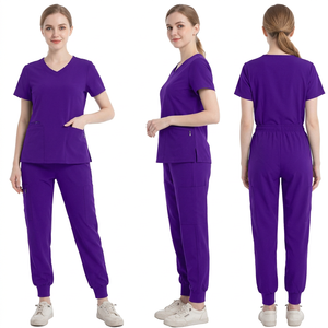 Women's V Neck <b>Scrub</b> Set <b>Purple</b> Cotton Polyester Knitted Hospital Uniform Jogger Pants Nursing Workwear - Product Image 1
