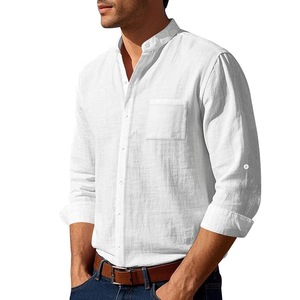 Chemise décontractée pour <span class=keywords><strong>homme</strong></span> en mélange lin-coton, <span class=keywords><strong>col</strong></span> montant, manches retroussables, respirante, prix abordable, personnalisable avec logo OEM/ODM, vente en gros - Product Image 3