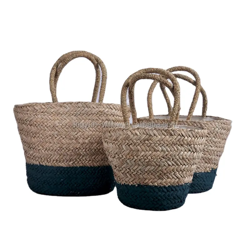 Wholesale Woven Summer Woman Hand Seagrass Straw Tote Eco Friendly Beach Bag Grass Basket With Handle