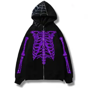 Unisex Y2K Skeleton Zip Up Hoodie Rhinestone Dark Academia Gothic Graphic Sweatshirt Grunge Punk Aesthetic Jacket Halloween