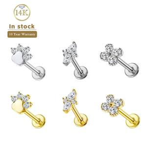 Lotus en stock – Boucles d'oreilles hélix en or massif 14K 18K, motif patte de chien et fleur, à dos plat fileté, bijoux de piercing tendance - Product Image 1