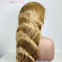 Perruque frontale 12A en cheveux européens, blond balayage avec mèches, longue, ondulée, sans colle, en dentelle de Guangdong, couleur plus foncée uniquement