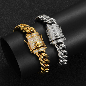 Bracciale cubano rotondo in acciaio inossidabile fresato, con chiusura a moschettone e zirconi, bracciale a catena hip-hop placcato elettroliticamente a colori inalterabili - Product Image 2