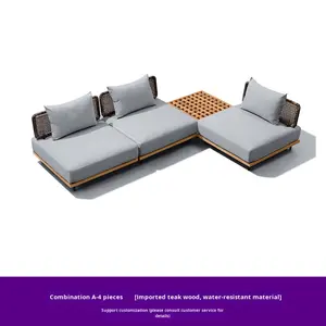 Ensemble de canapés de jardin en bois massif, résistant à l'eau et aux rayons du soleil, en rotin tressé, style nordique, pour villa, hôtel, jardin, avec coussins - Product Image 6