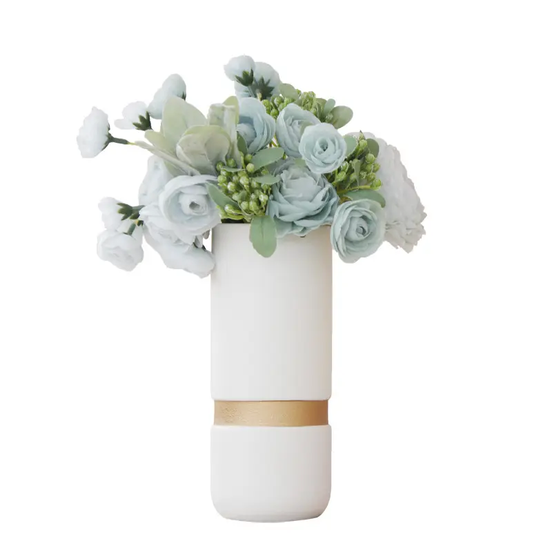 Simple Cylinder Shape White Ceramic Desktop Table Matte Vase With Gold Silver Line Gift For Wedding