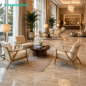 Light Neutral Reception Sofa Set <b>Cane</b> Webbing Wooden Accent <b>Chair</b> Round Stone Coffee Table For Resort Hotel Waiting Lobby Area - Product Image 3