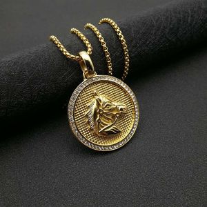 yunnique Stainless Steel Gold Plated Horse Head Pendant Necklace With Diamond Encrusted <b>Edge</b> For Men Women Gift Jewelry - Product Image 1