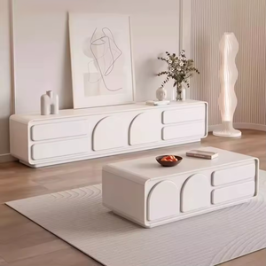 Ensemble de meuble TV et table basse de style européen, blanc crème, simple, meubles de salon, panneau MDF, support de console TV en bois pour le sol - Product Image 1