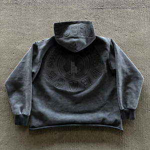 Felpa con Cappuccio Personalizzata in Stile Streetwear, Effetto Vintage con Ricami e Lavaggio Acido, in Cotone French Terry, Taglio Corto e Oversize con Applicazioni per <span class=keywords><strong>Uomo</strong></span> - Product Image 2