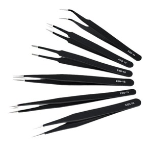 Affordable kit with 9 ESD tweezers in canvas bag, stainless steel bird's nest cleaning tools, straight and curved tips, - Product Image 5