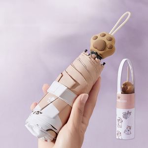 Parapluie de poche mini OEM personnalisé avec logo, protection UPF50, imprimé chat de dessin animé, pliable en 5 sections, pour femmes, école et voyage - Product Image 1