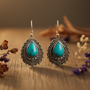 Pendientes Colgantes Vintage E4027 con Turquesa y Engaste de Plata Antigua, Joyería para Uso Diario de Mujer - Product Image 2