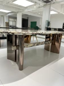 Calacatta <span class=keywords><strong>Viola</strong></span> 2600*1150mm Oval Mármol Piedra Mesa de comedor Bronce Metal Pierna Casa Púrpura Mármol natural Muebles de comedor - Product Image 5