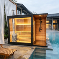 Sauna sec en bois moderne pour l'intérieur et l'extérieur avec douche intégrée et poêle à bois de 6 kW