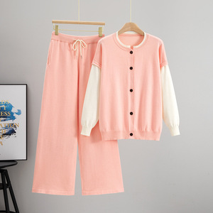Conjunto de Suéter Tejido para Mujer con Pantalones, Rosa, Spandex, Poliéster, Antiarrugas, Patchwork, Informal, Otoño Invierno - Product Image 1