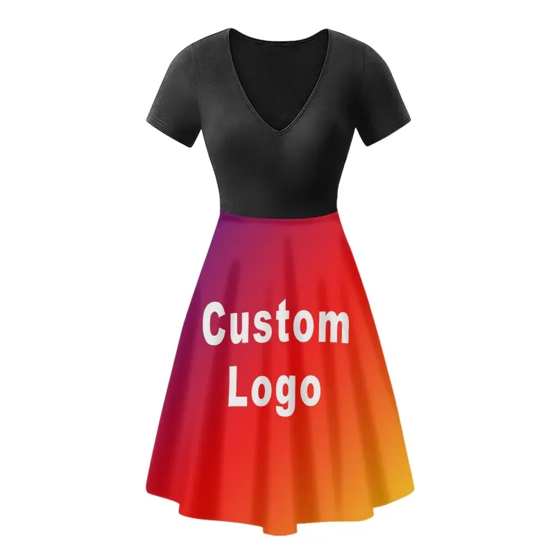 Lässige Frauen Elegante Kleider Druck V-Ausschnitt Kurzarm A-Linie Swing Kleid Digitaldruck on Demand Kleid Low MOQ Kleidung