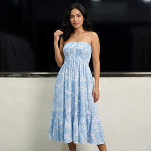 Strapless Floral Printed Loose Midi <b>Dress</b> A-Line Cotton Casual Summer High Waist Breathable Woven Fabric Eco-Friendly - Product Image 1