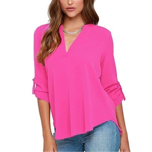 Chemise à manches pliées solides, ample, grande taille <span class=keywords><strong>5XL</strong></span>, manches courtes, en mousseline de soie, chemisiers pour femmes, hauts, sexy, col en V, chemisier décontracté - Product Image 3