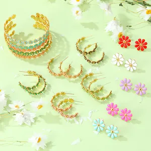 2024 Ins Hot Sale Rvs Sieraden Sets Manchet Armbanden Oorknopjes Hoepel Cadeau Voor Dames Meisjes Daisy Flower Design