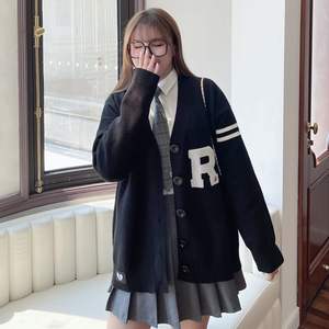 Cardigan en tricot style preppy pour femme Runqi, noir, coupe ample, coton, couleur unie, grande taille N8179 - Product Image 5