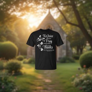T-shirt noir avec design inspirant sur la foi chrétienne, « Réjouissez toujours, priez continuellement, offrez des remerciements », 1 Thessaloniciens 5 :16 - Product Image 3